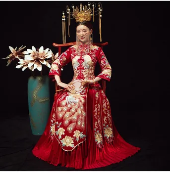 Čínske Svadobné Tradičné Vysokej kvality Výšivky Cheongsam Retro Rafinované Banquet Štýlové Elegantné Nevesta Šaty китайская одежда